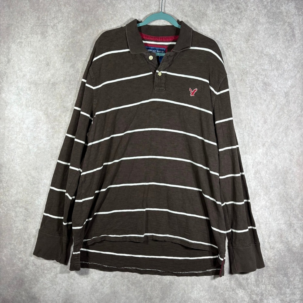 American Eagle Polo Mens Size XXL Brown The Eagle Striped Long Sleeve Cotton 90s